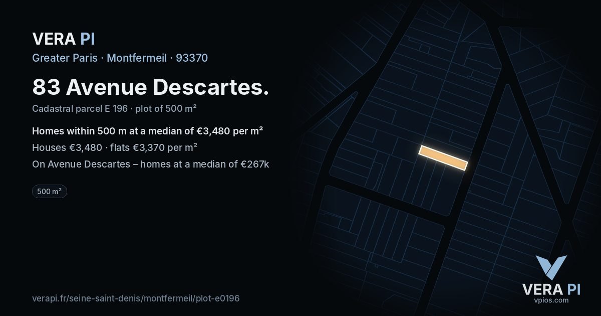 83 Avenue Descartes, Montfermeil at night – the plot lit, the parcels around coloured by the prices near them