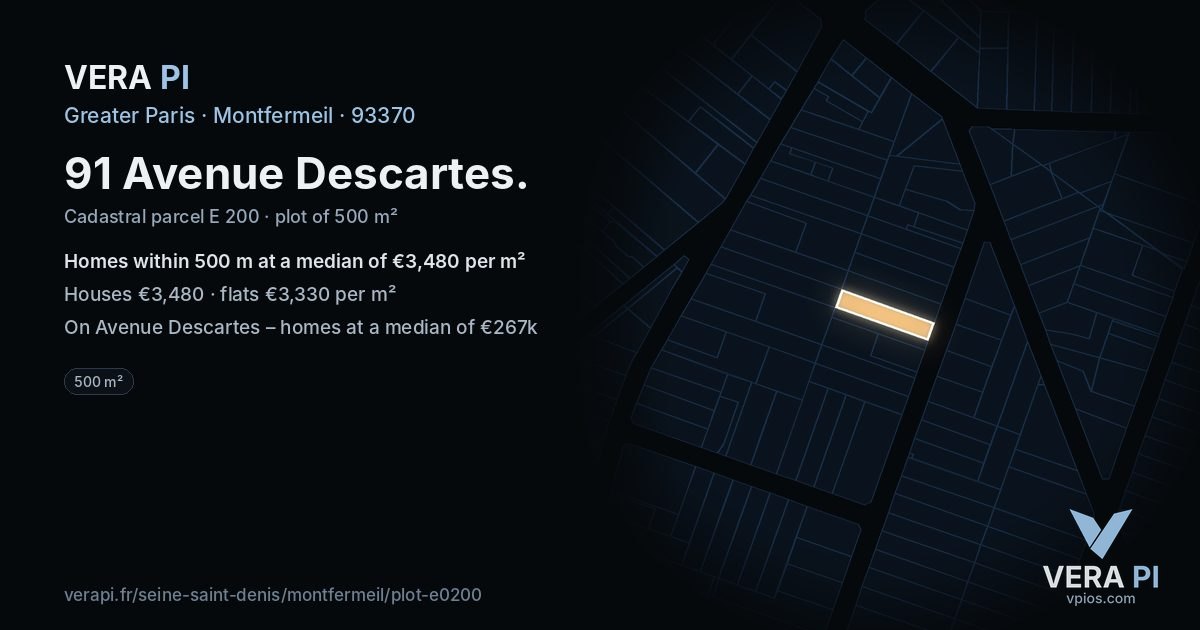 91 Avenue Descartes, Montfermeil at night – the plot lit, the parcels around coloured by the prices near them
