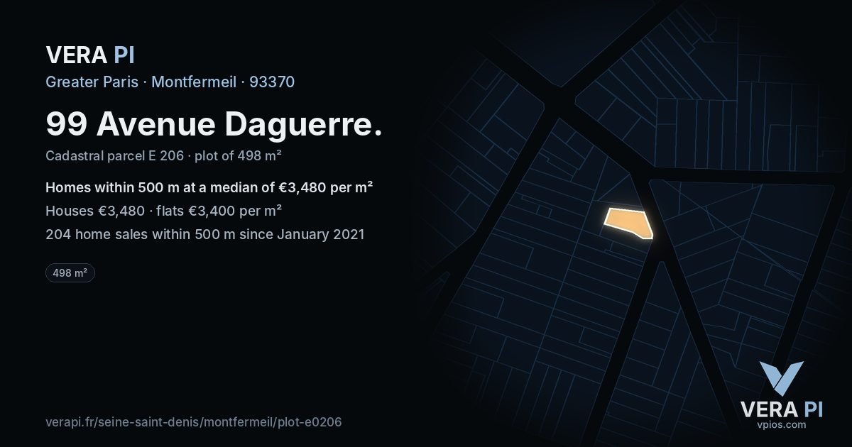 99 Avenue Daguerre, Montfermeil at night – the plot lit, the parcels around coloured by the prices near them