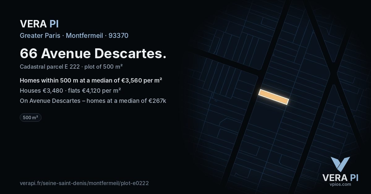 66 Avenue Descartes, Montfermeil at night – the plot lit, the parcels around coloured by the prices near them