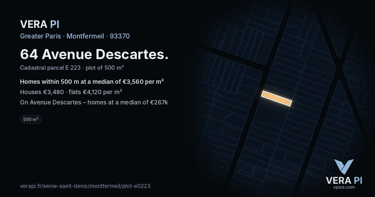 64 Avenue Descartes, Montfermeil at night – the plot lit, the parcels around coloured by the prices near them