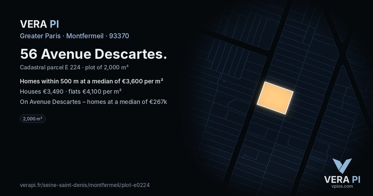 56 Avenue Descartes, Montfermeil at night – the plot lit, the parcels around coloured by the prices near them