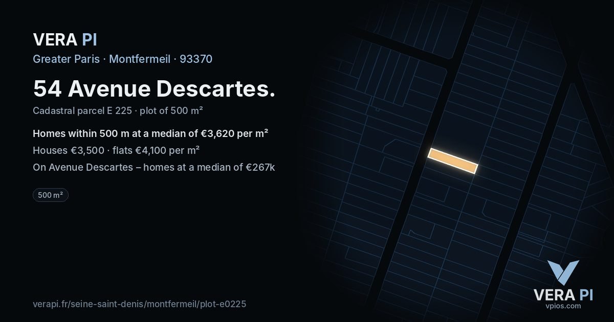 54 Avenue Descartes, Montfermeil at night – the plot lit, the parcels around coloured by the prices near them