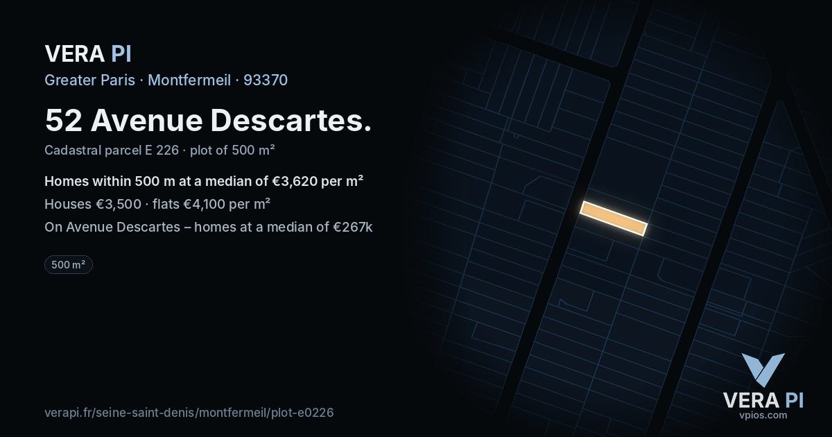 52 Avenue Descartes, Montfermeil at night – the plot lit, the parcels around coloured by the prices near them