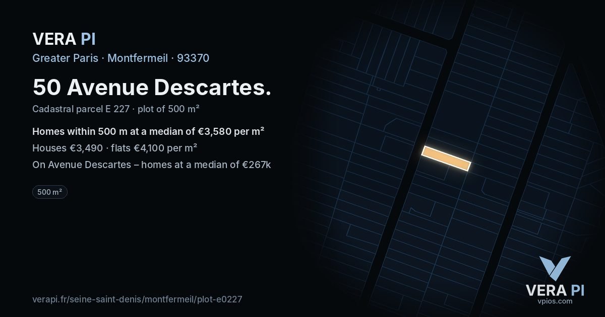 50 Avenue Descartes, Montfermeil at night – the plot lit, the parcels around coloured by the prices near them