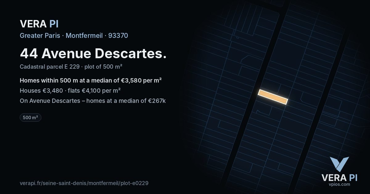 44 Avenue Descartes, Montfermeil at night – the plot lit, the parcels around coloured by the prices near them