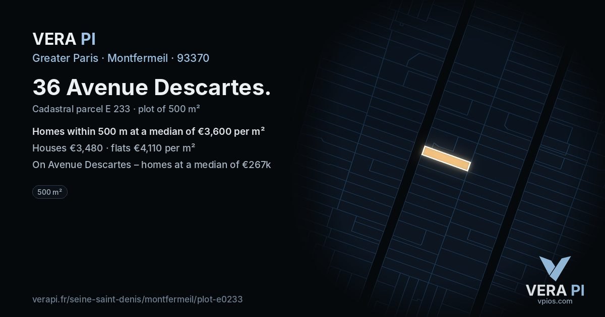 36 Avenue Descartes, Montfermeil at night – the plot lit, the parcels around coloured by the prices near them