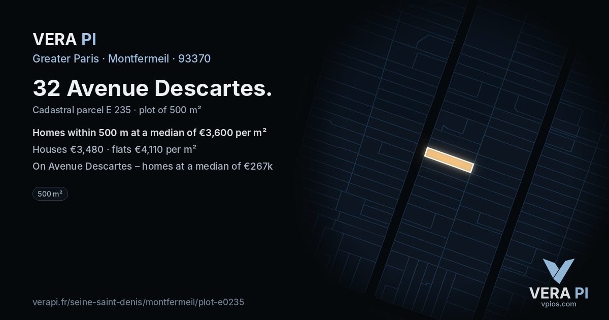 32 Avenue Descartes, Montfermeil at night – the plot lit, the parcels around coloured by the prices near them