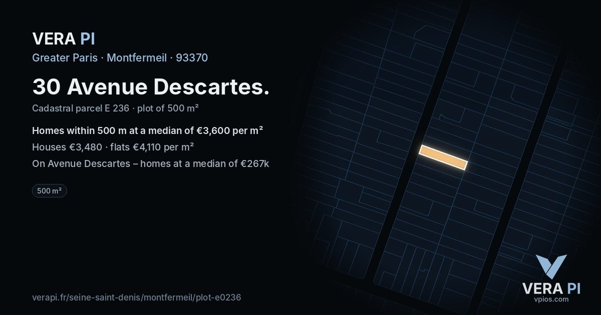 30 Avenue Descartes, Montfermeil at night – the plot lit, the parcels around coloured by the prices near them
