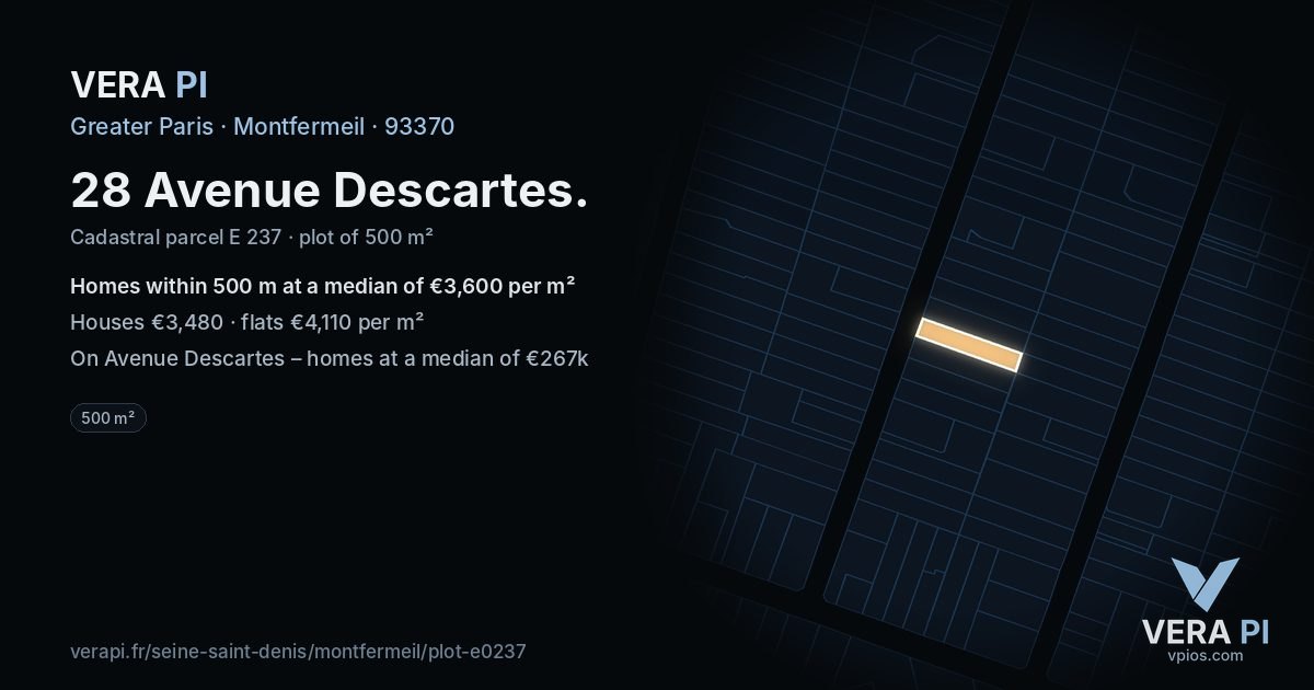 28 Avenue Descartes, Montfermeil at night – the plot lit, the parcels around coloured by the prices near them