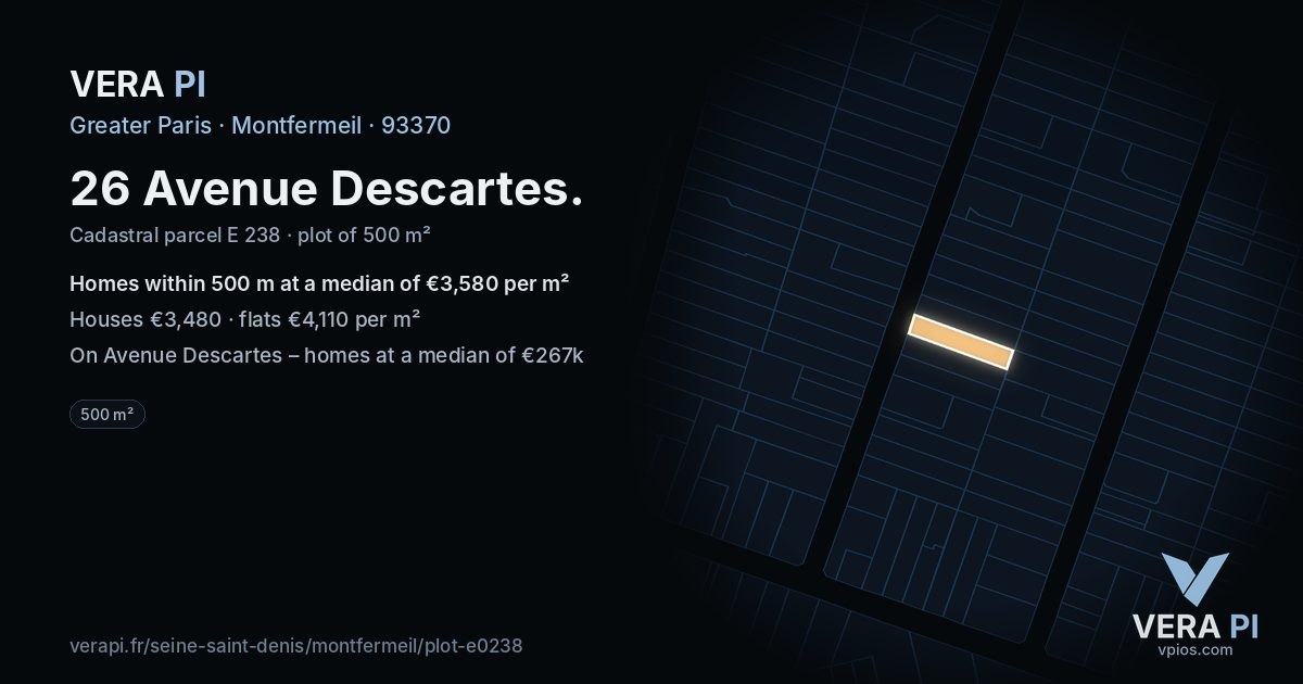 26 Avenue Descartes, Montfermeil at night – the plot lit, the parcels around coloured by the prices near them