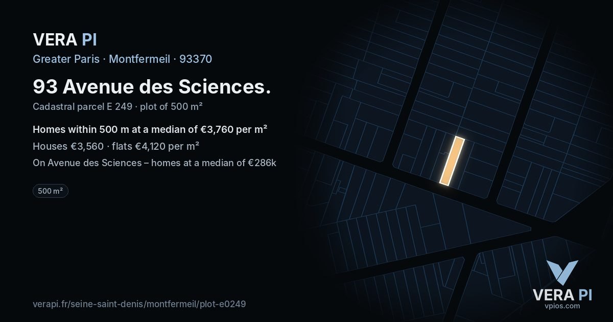 93 Avenue des Sciences, Montfermeil at night – the plot lit, the parcels around coloured by the prices near them