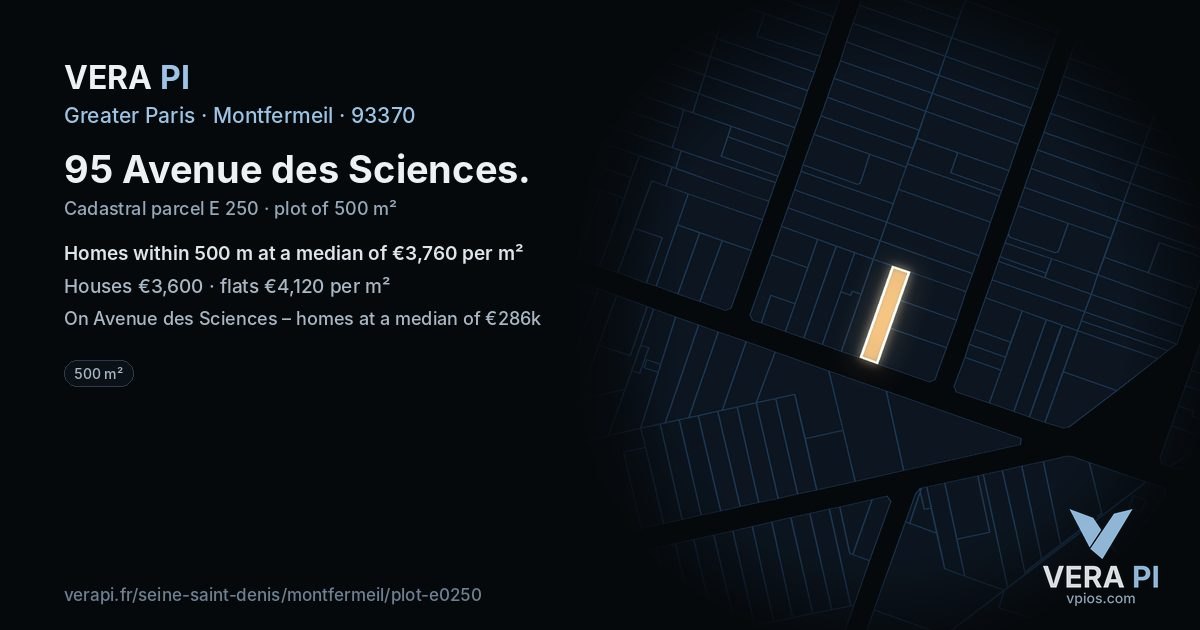95 Avenue des Sciences, Montfermeil at night – the plot lit, the parcels around coloured by the prices near them