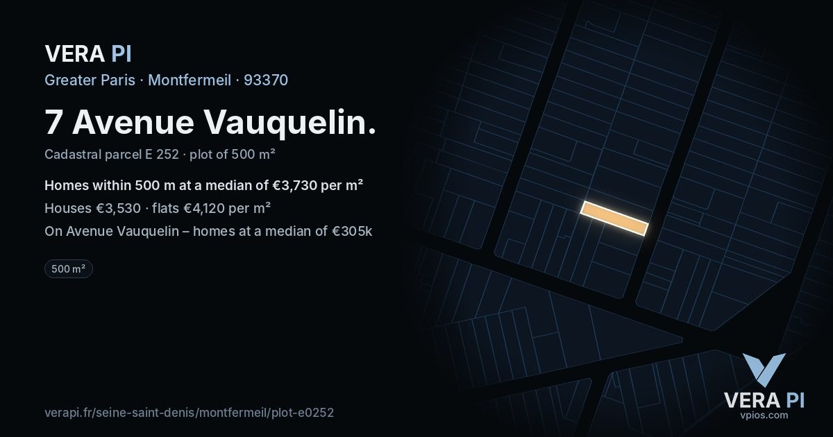 7 Avenue Vauquelin, Montfermeil at night – the plot lit, the parcels around coloured by the prices near them