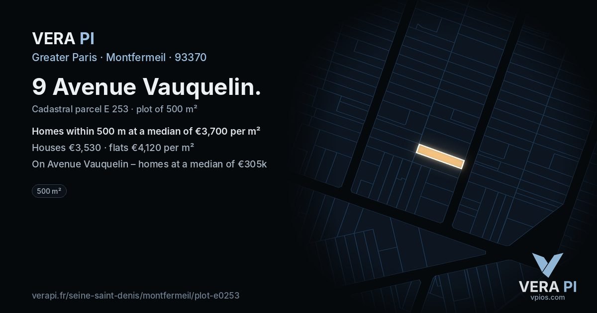 9 Avenue Vauquelin, Montfermeil at night – the plot lit, the parcels around coloured by the prices near them