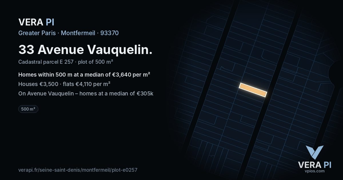 33 Avenue Vauquelin, Montfermeil at night – the plot lit, the parcels around coloured by the prices near them
