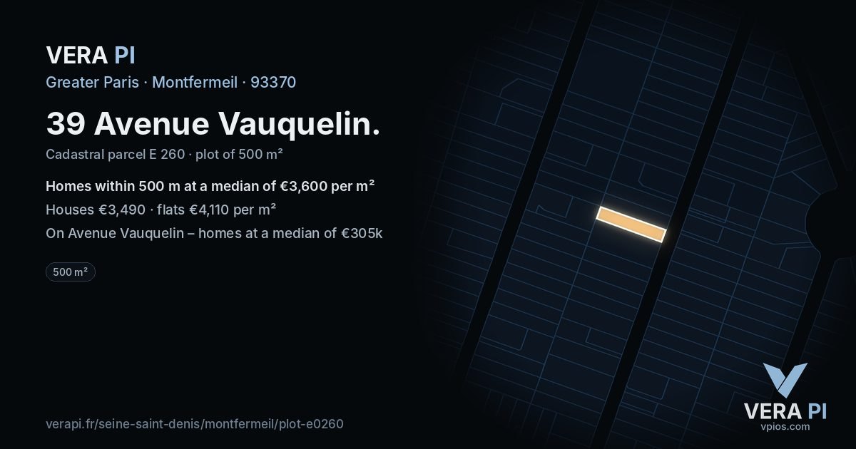 39 Avenue Vauquelin, Montfermeil at night – the plot lit, the parcels around coloured by the prices near them