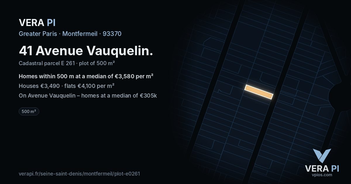 41 Avenue Vauquelin, Montfermeil at night – the plot lit, the parcels around coloured by the prices near them