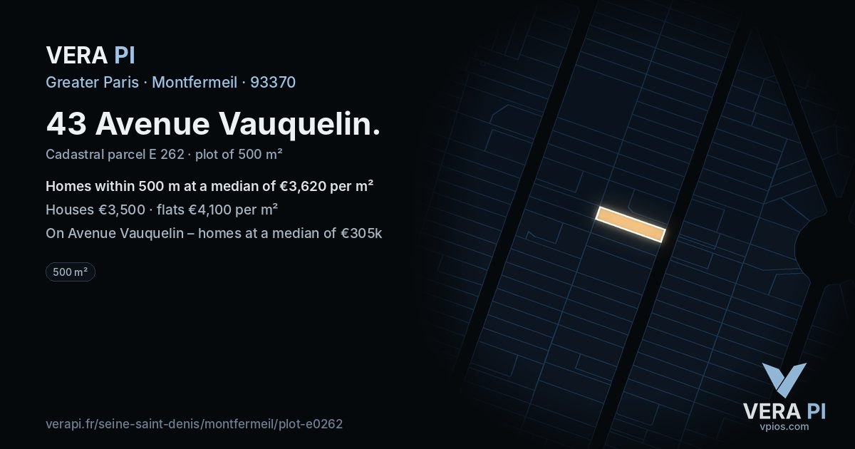 43 Avenue Vauquelin, Montfermeil at night – the plot lit, the parcels around coloured by the prices near them