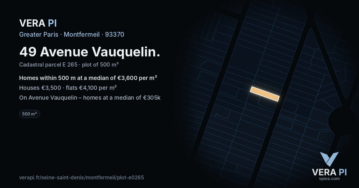 49 Avenue Vauquelin, Montfermeil at night – the plot lit, the parcels around coloured by the prices near them