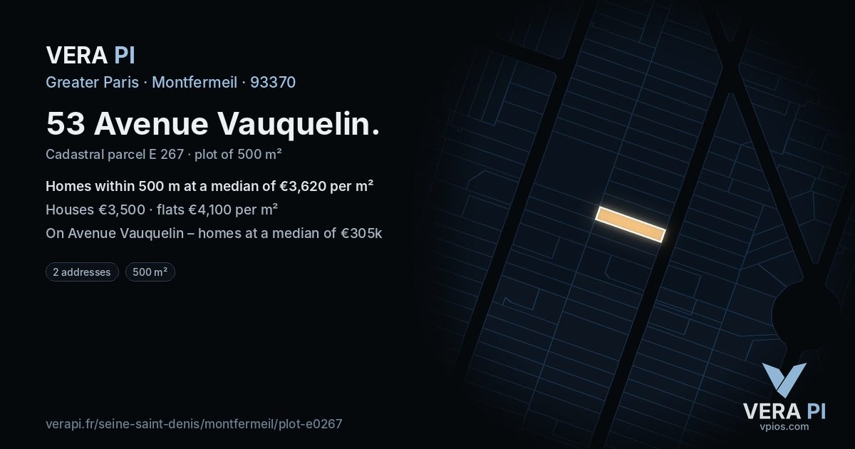 53 Avenue Vauquelin, Montfermeil at night – the plot lit, the parcels around coloured by the prices near them