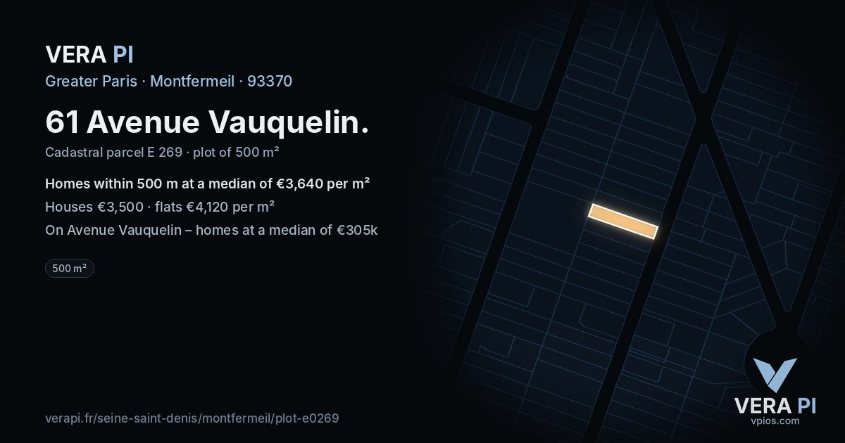 61 Avenue Vauquelin, Montfermeil at night – the plot lit, the parcels around coloured by the prices near them