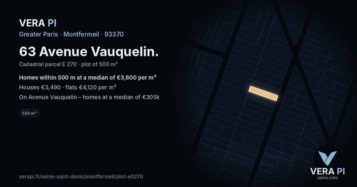 63 Avenue Vauquelin, Montfermeil at night – the plot lit, the parcels around coloured by the prices near them