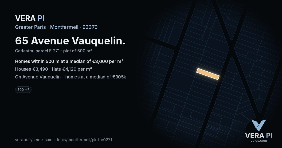 65 Avenue Vauquelin, Montfermeil at night – the plot lit, the parcels around coloured by the prices near them
