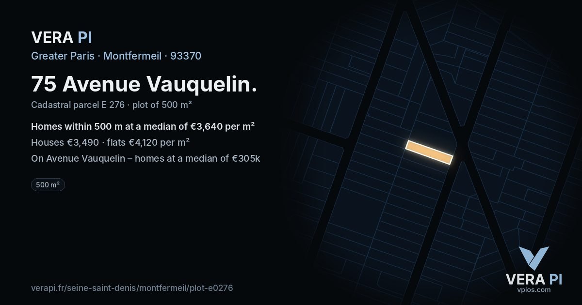 75 Avenue Vauquelin, Montfermeil at night – the plot lit, the parcels around coloured by the prices near them