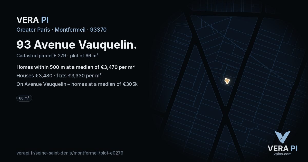 93 Avenue Vauquelin, Montfermeil at night – the plot lit, the parcels around coloured by the prices near them