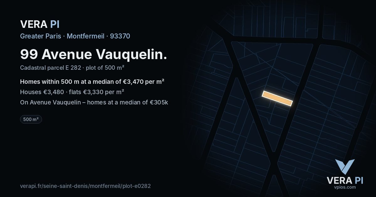 99 Avenue Vauquelin, Montfermeil at night – the plot lit, the parcels around coloured by the prices near them