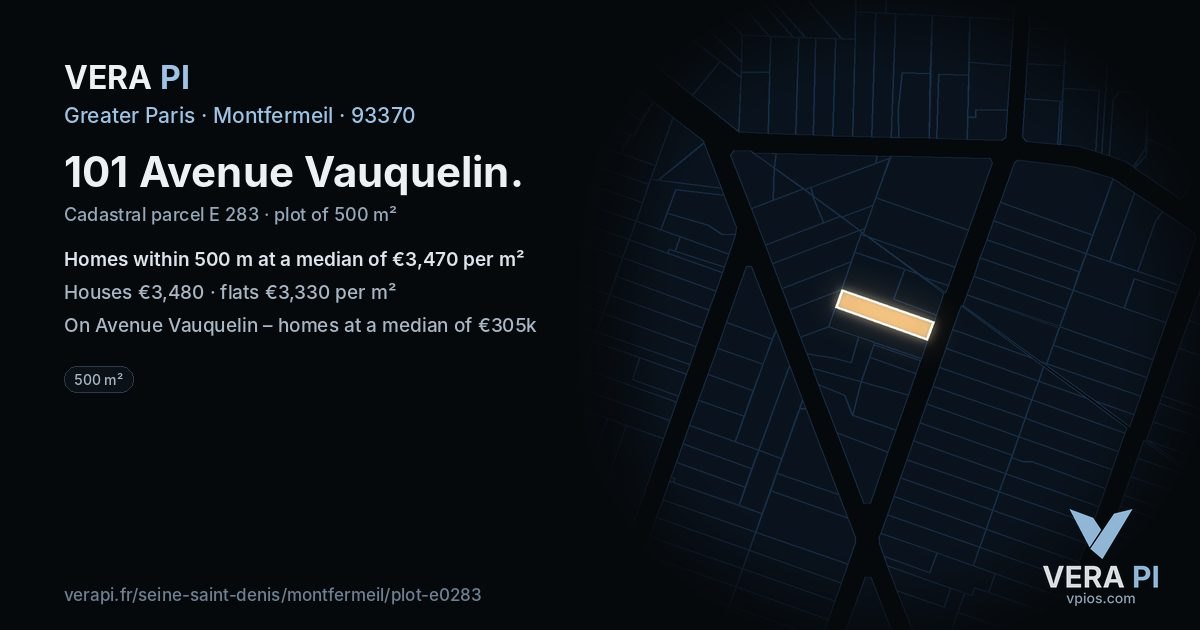 101 Avenue Vauquelin, Montfermeil at night – the plot lit, the parcels around coloured by the prices near them