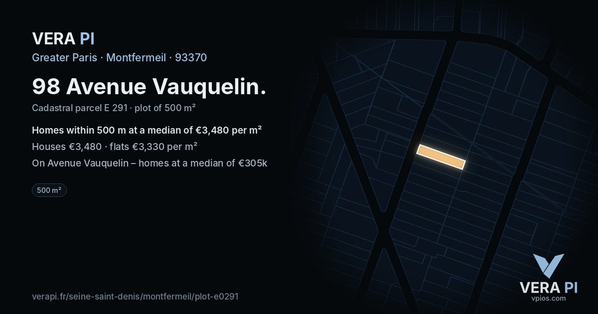 98 Avenue Vauquelin, Montfermeil at night – the plot lit, the parcels around coloured by the prices near them