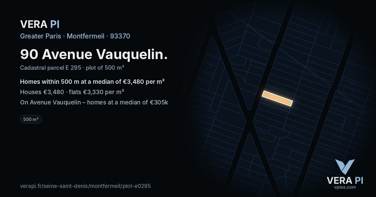 90 Avenue Vauquelin, Montfermeil at night – the plot lit, the parcels around coloured by the prices near them