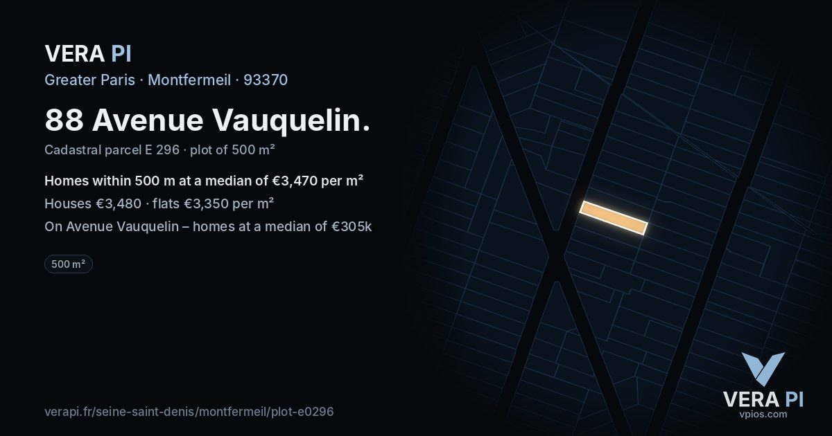 88 Avenue Vauquelin, Montfermeil at night – the plot lit, the parcels around coloured by the prices near them