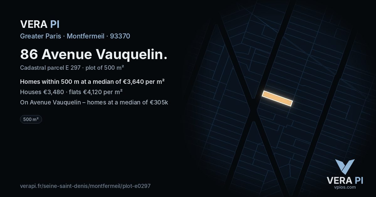 86 Avenue Vauquelin, Montfermeil at night – the plot lit, the parcels around coloured by the prices near them
