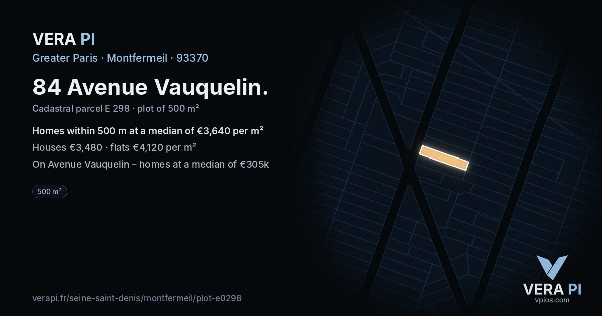 84 Avenue Vauquelin, Montfermeil at night – the plot lit, the parcels around coloured by the prices near them