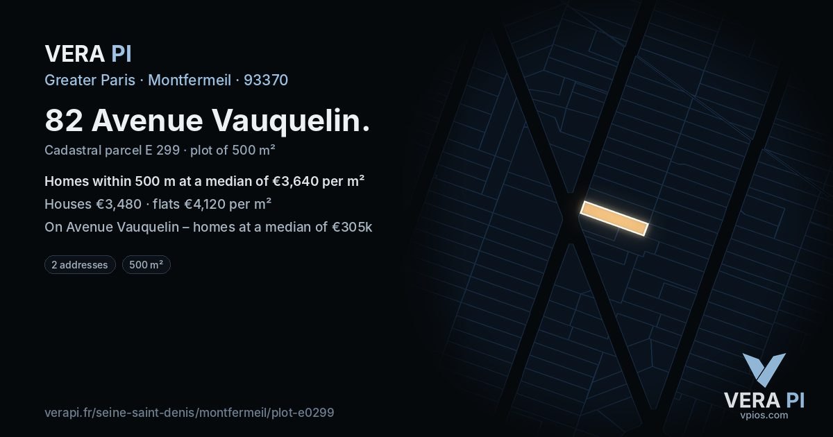 82 Avenue Vauquelin, Montfermeil at night – the plot lit, the parcels around coloured by the prices near them