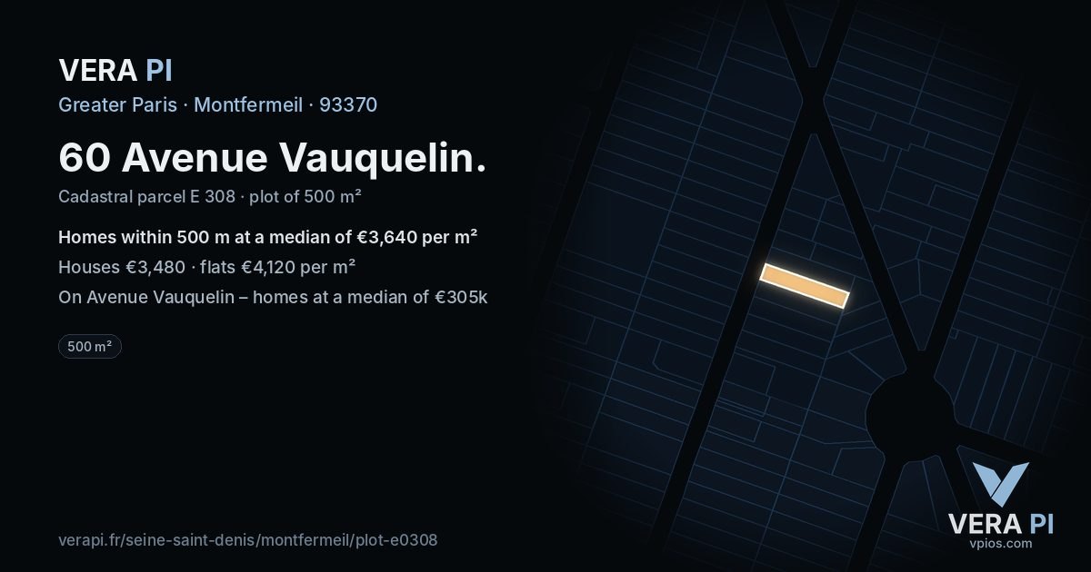 60 Avenue Vauquelin, Montfermeil at night – the plot lit, the parcels around coloured by the prices near them