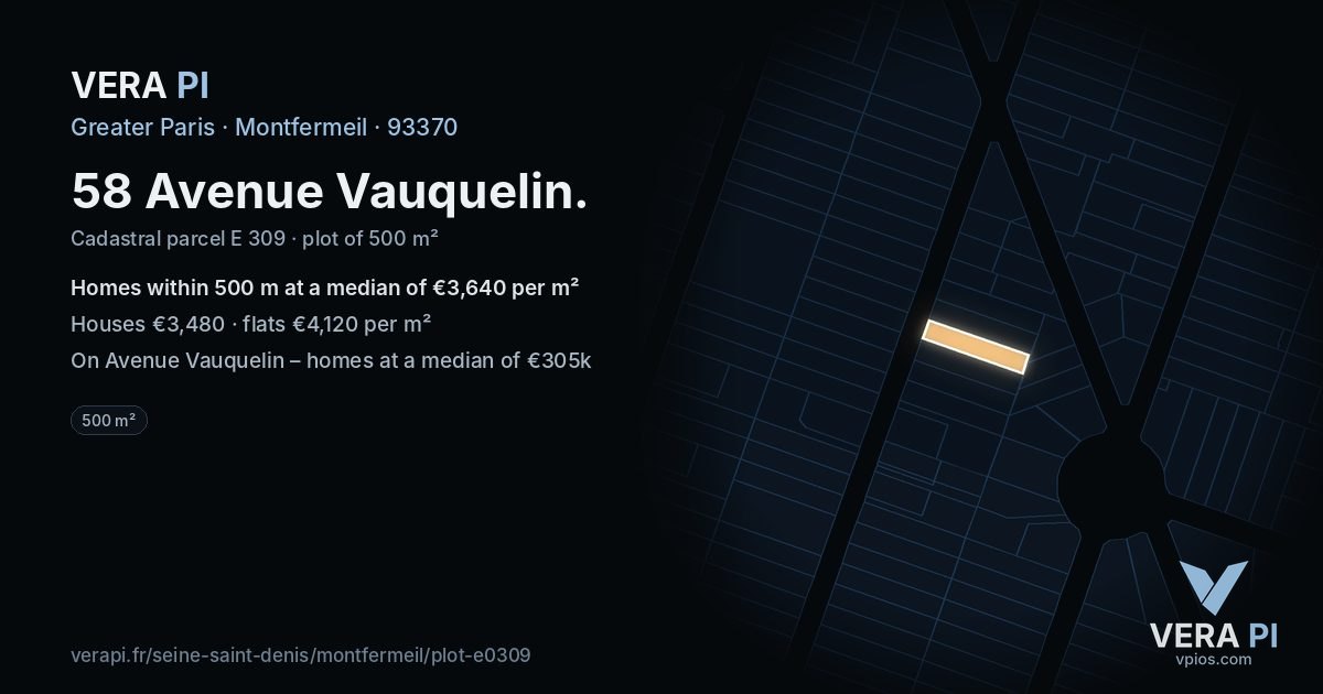 58 Avenue Vauquelin, Montfermeil at night – the plot lit, the parcels around coloured by the prices near them