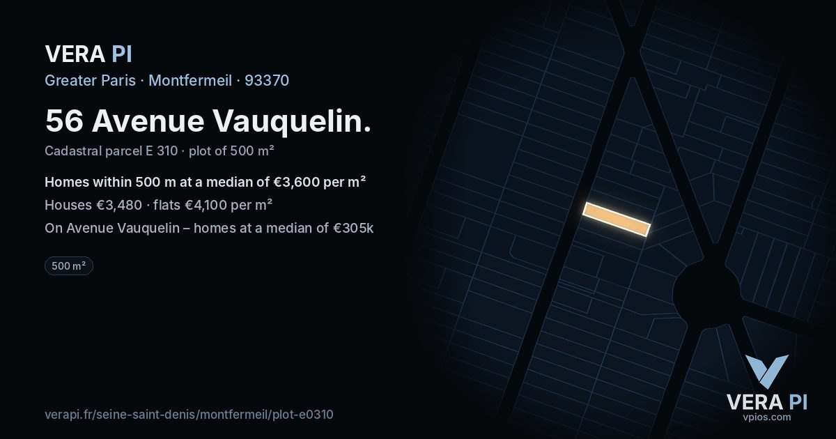 56 Avenue Vauquelin, Montfermeil at night – the plot lit, the parcels around coloured by the prices near them