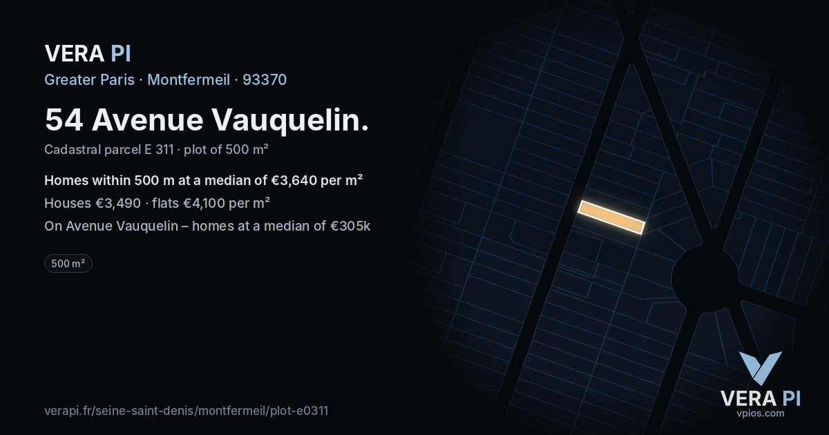54 Avenue Vauquelin, Montfermeil at night – the plot lit, the parcels around coloured by the prices near them