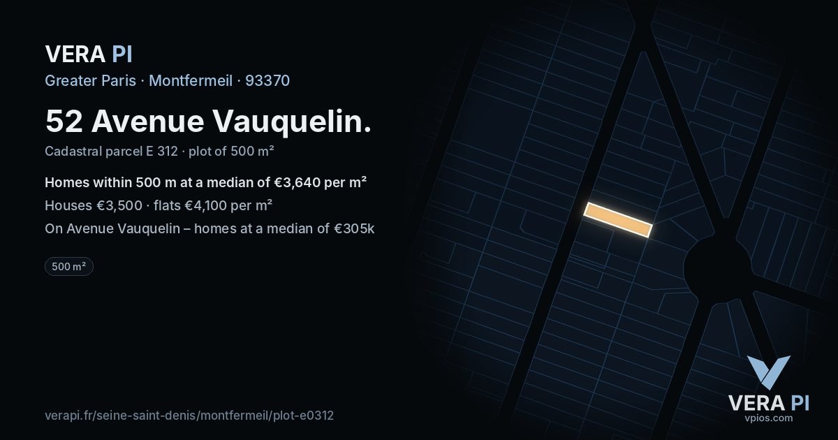 52 Avenue Vauquelin, Montfermeil at night – the plot lit, the parcels around coloured by the prices near them