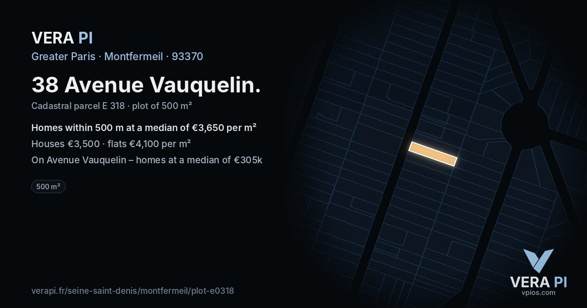 38 Avenue Vauquelin, Montfermeil at night – the plot lit, the parcels around coloured by the prices near them