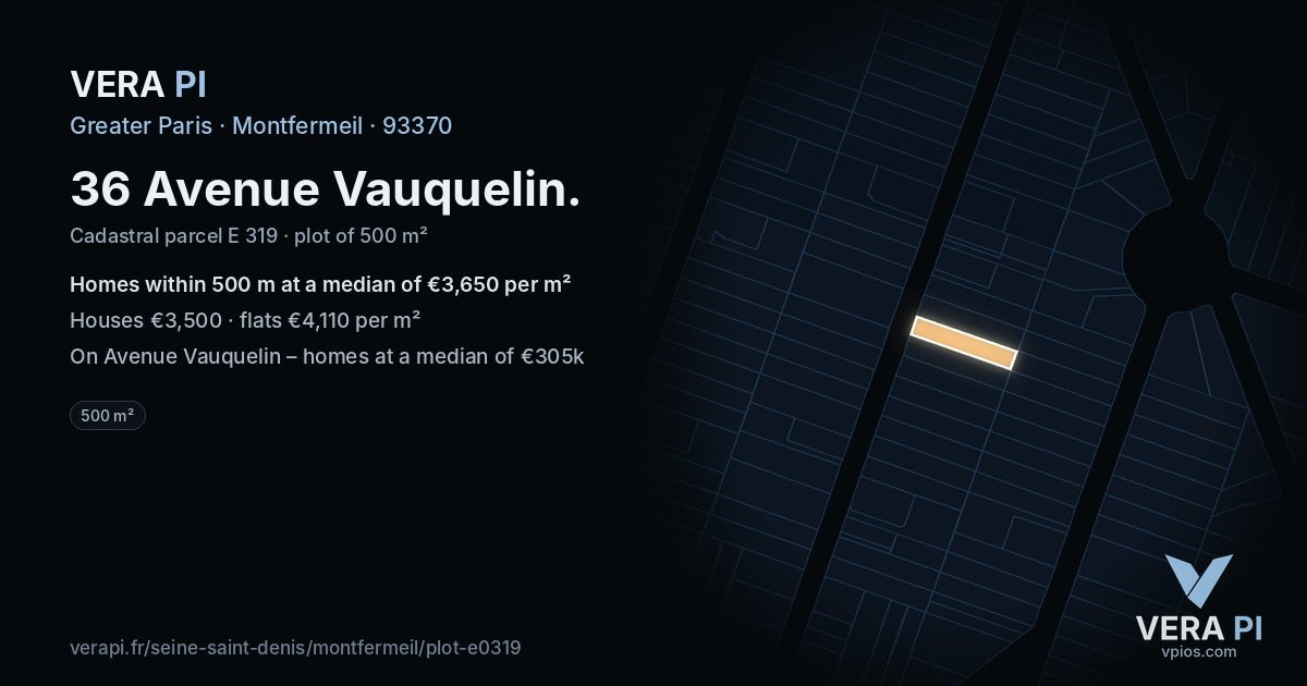 36 Avenue Vauquelin, Montfermeil at night – the plot lit, the parcels around coloured by the prices near them