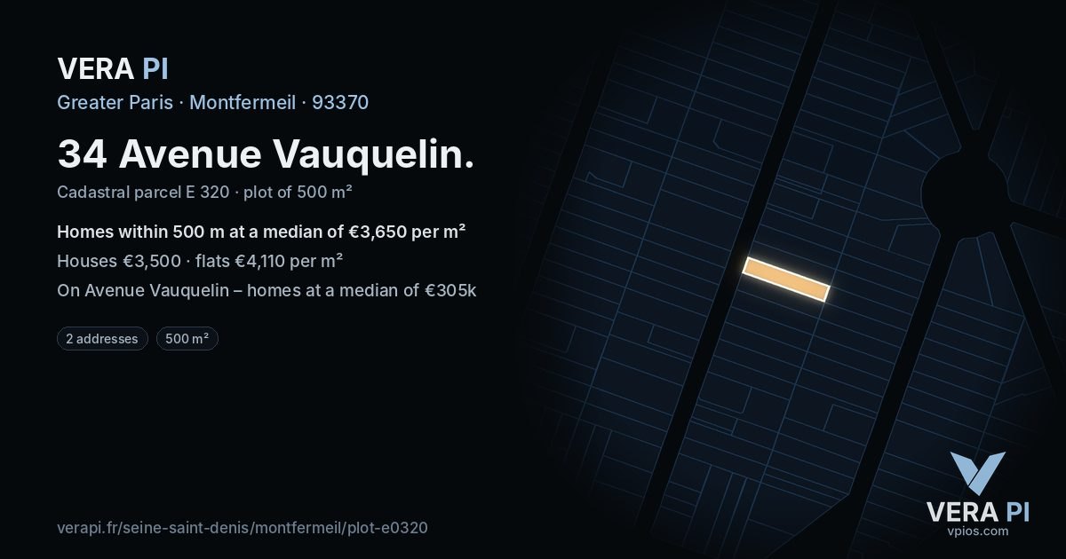 34 Avenue Vauquelin, Montfermeil at night – the plot lit, the parcels around coloured by the prices near them