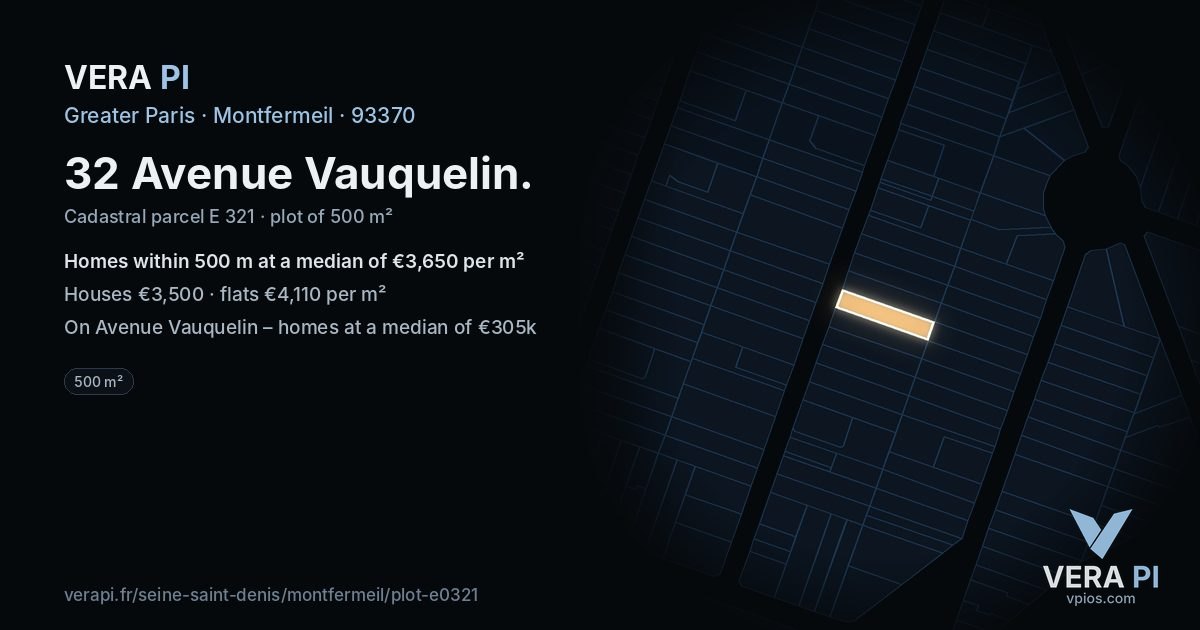32 Avenue Vauquelin, Montfermeil at night – the plot lit, the parcels around coloured by the prices near them