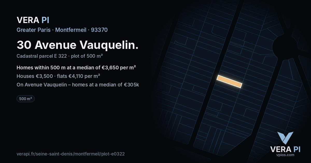 30 Avenue Vauquelin, Montfermeil at night – the plot lit, the parcels around coloured by the prices near them