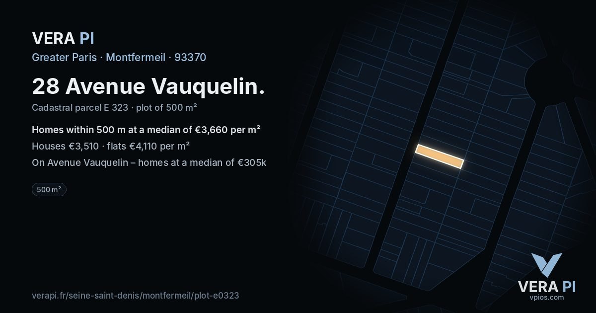 28 Avenue Vauquelin, Montfermeil at night – the plot lit, the parcels around coloured by the prices near them