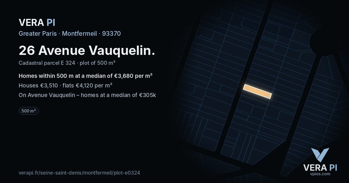 26 Avenue Vauquelin, Montfermeil at night – the plot lit, the parcels around coloured by the prices near them